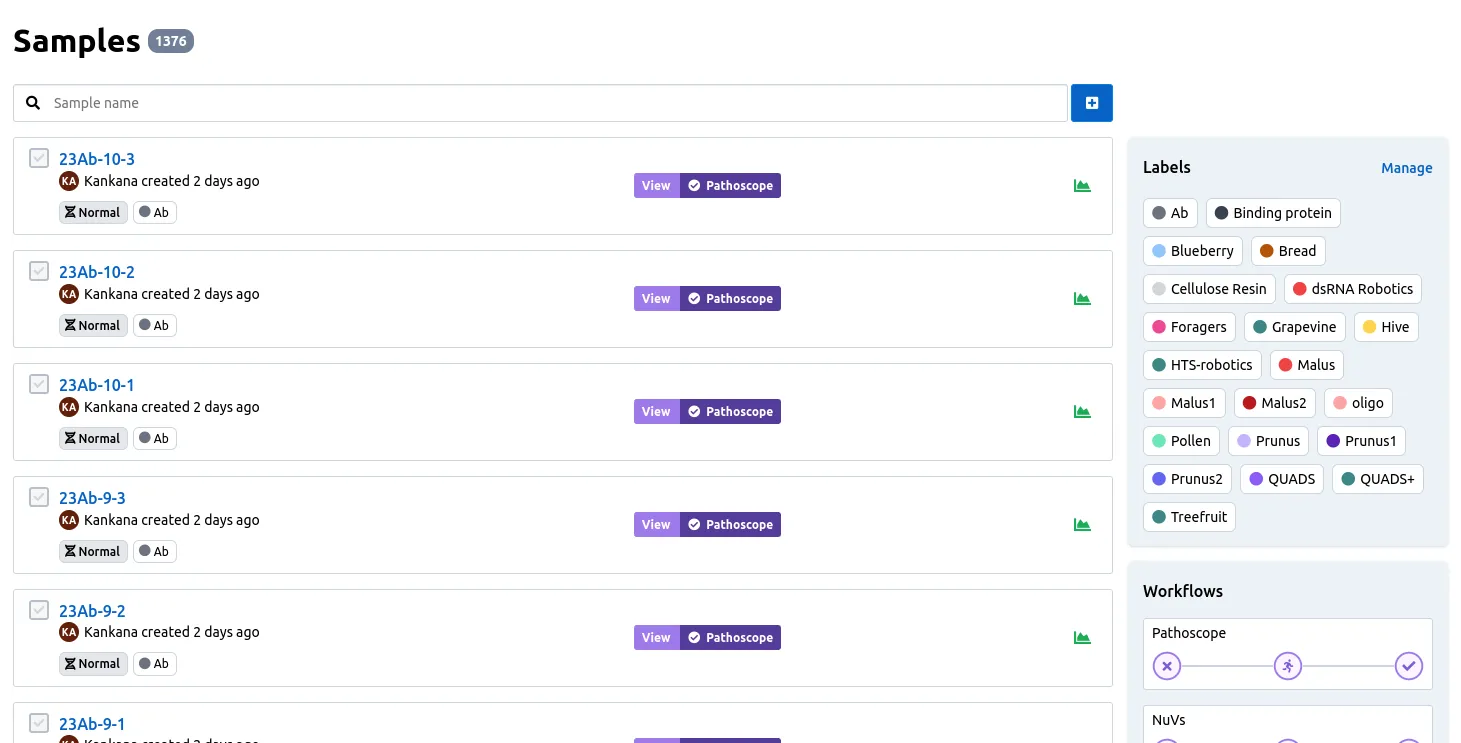 The sample management view from Virtool.