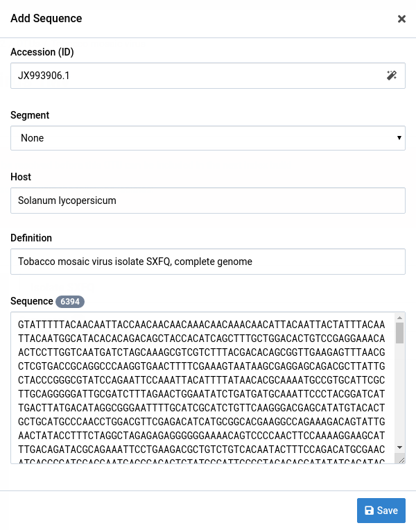 Sequence addition dialog with completed form
