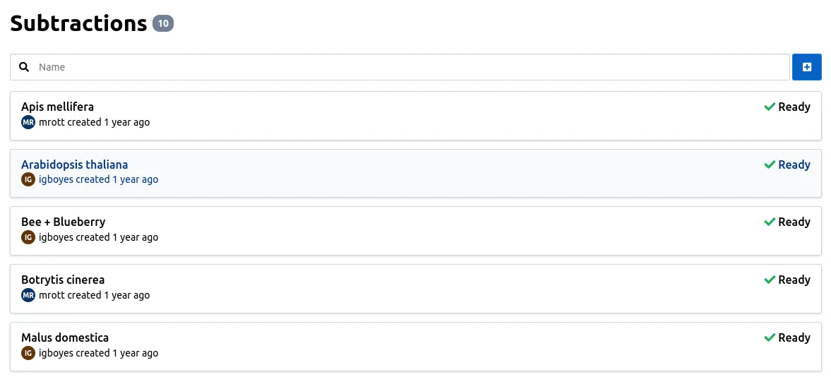 The subtractions list view.